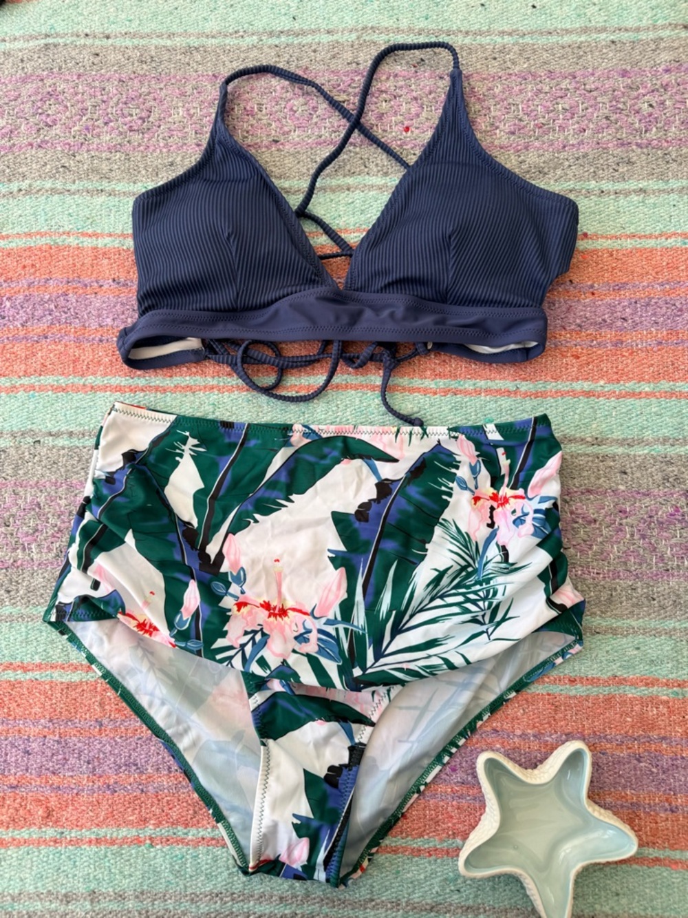 Navy Ribbed Crisscross Bikini Top with Tropical High-Waist Bottoms